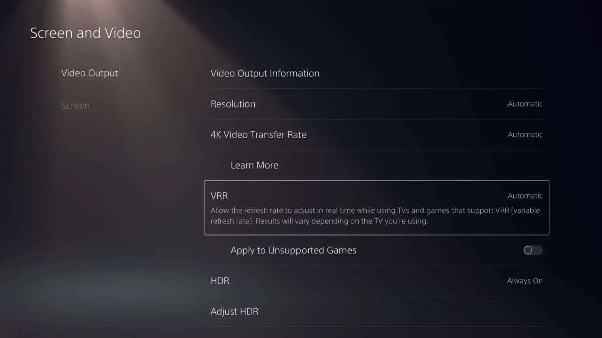 PS5 VRR-menu